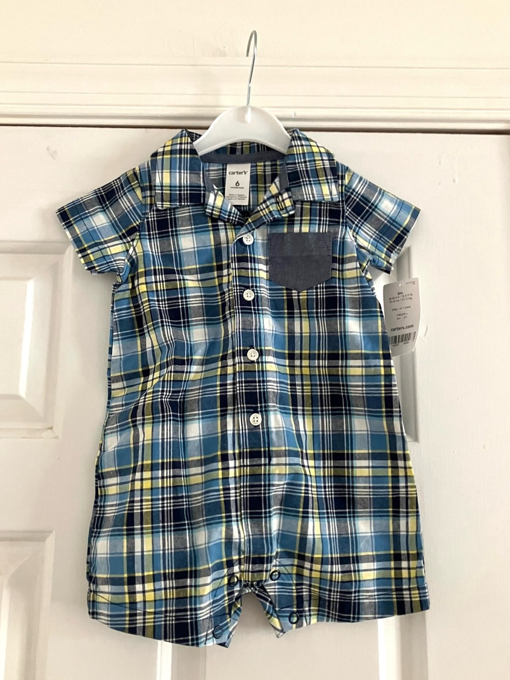 Carter's Blue and Yellow Plaid Boy Preppy Casual Cute Romper-Size 6 months